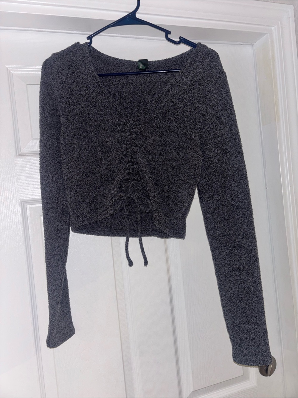 Cozy V-Neck Drawstring Cropped Sweater - Charcoal